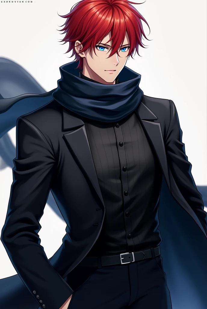 apenas 1 homem, very handsome man, red hair with hairstyle similar to the character Gingka Hagane, very blue eyes, like heaven, Wear a black coat, with a long scarf tied around his neck, that crawls to the ground, a pair of pants