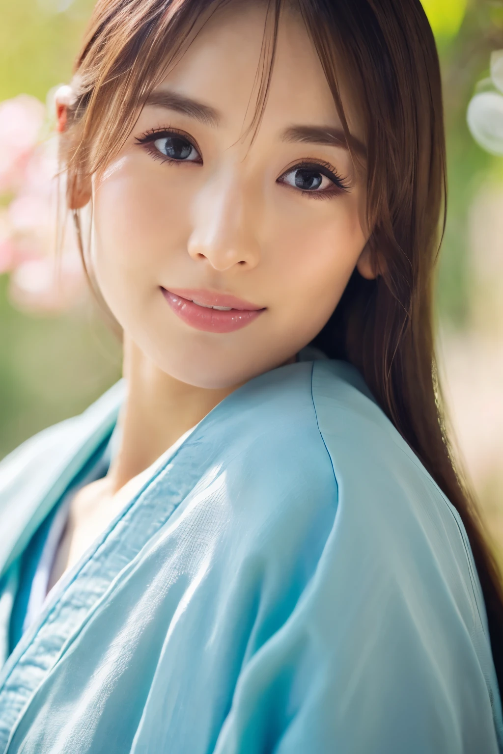 (best quality,highres,ultra-detailed),((portrait)),A beautiful Japanese lady, beautiful detailed eyes, beautiful detailed lips, extremely detailed face, long eyelashes,soft smile, flowing hair, natural lighting, wearing Japanese elegant Kimono,