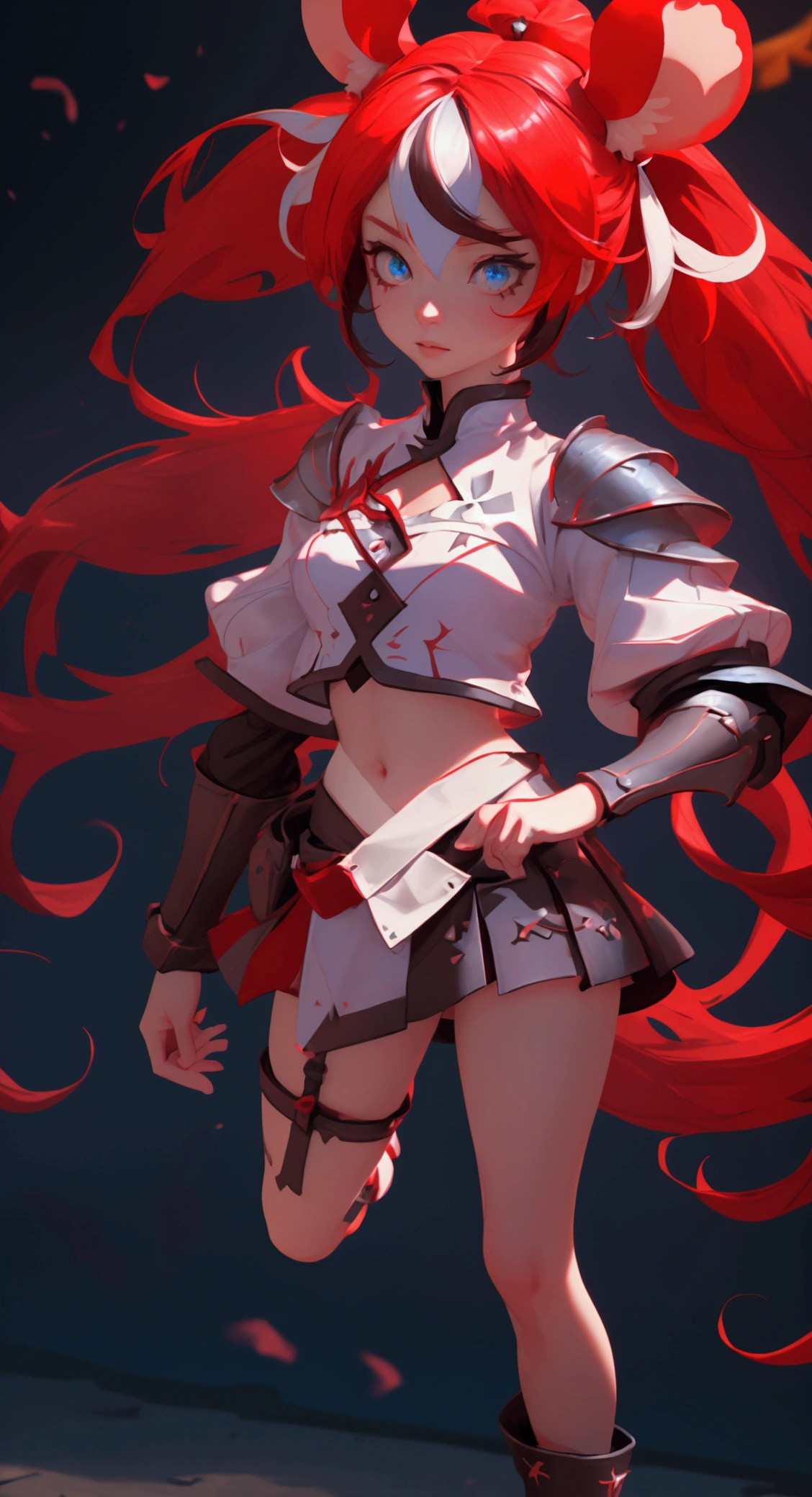 envision a 8k, highres, cinematic, beautiful full body design sheet of an evil small Chaos girl named Hakos Baelz with long red and white hair in pigtails, mouse ears, blue eyes, in a cropped white shirt with armor, and red skirt against a dark gray background