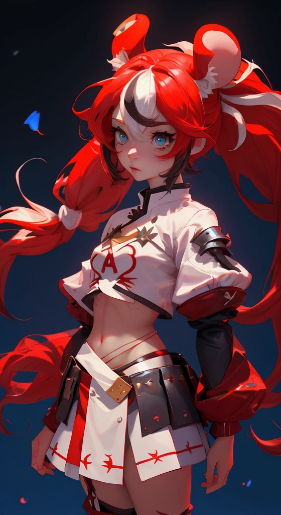 envision a 8k, highres, cinematic, beautiful full body design sheet of an evil  Chaos girl named Hakos Baelz with long red and white hair in pigtails, mouse ears, blue eyes, in a cropped white shirt with armor, and red skirt against a dark gray background