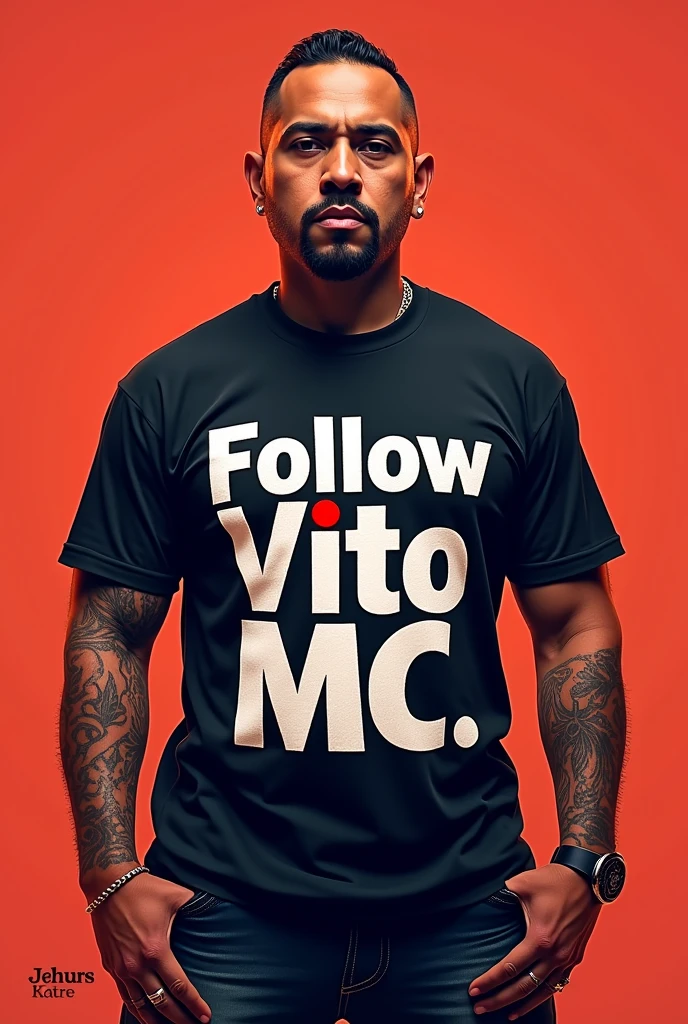 Daddy Yankee with a t-shirt with letters that say Follow Vito Mc