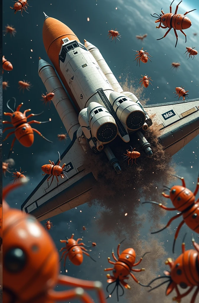 Orange robotic bugs ripping apart NASA space shuttle 