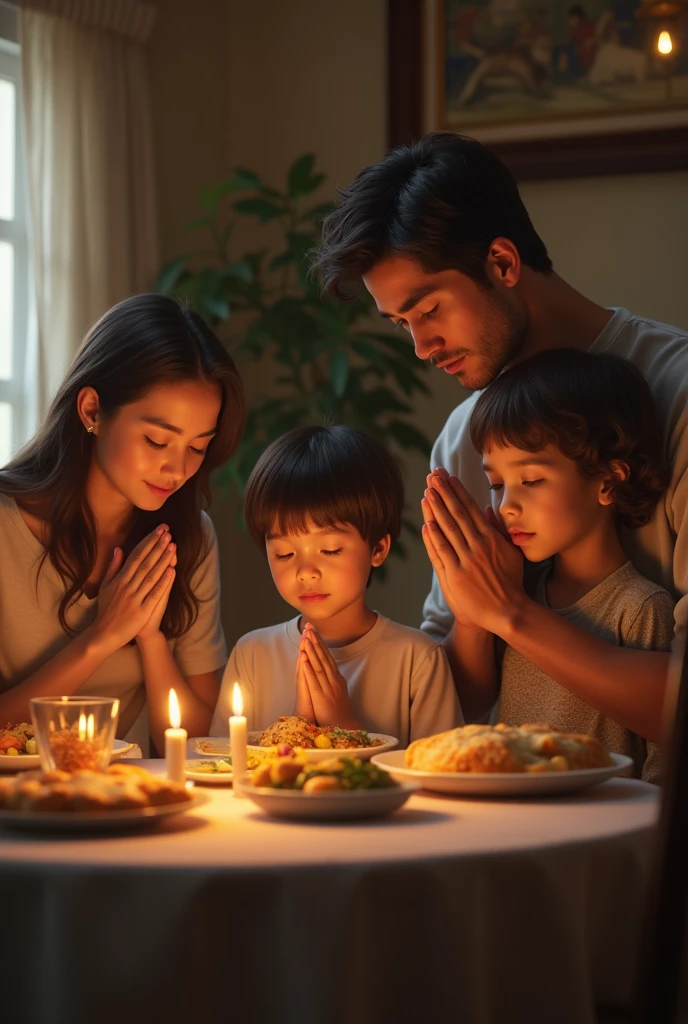 (photorealism:1.2), (8k) A family at a dinner table praying