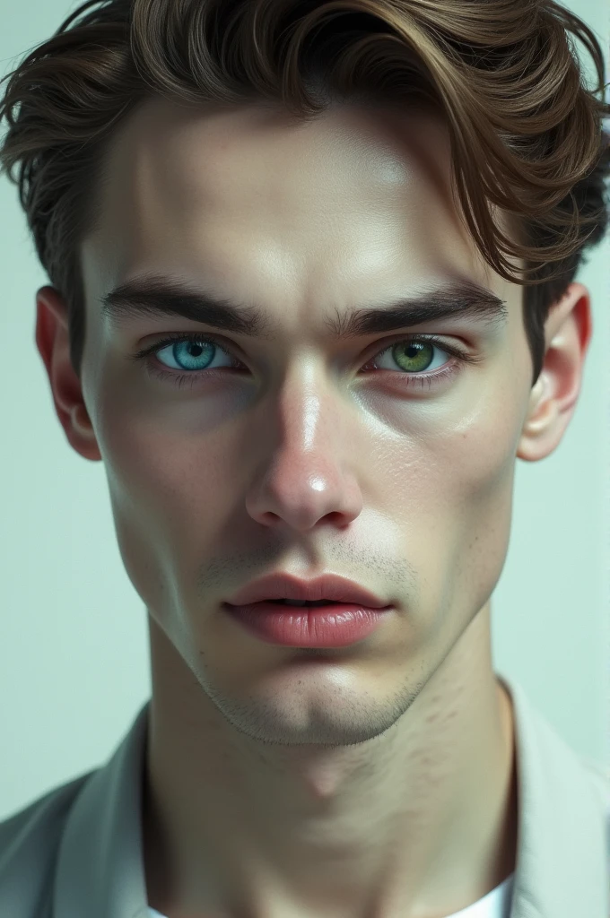 Masculine and manly face, with heteroctomy, one eye blue and the other green, with white skin and light brown hair.