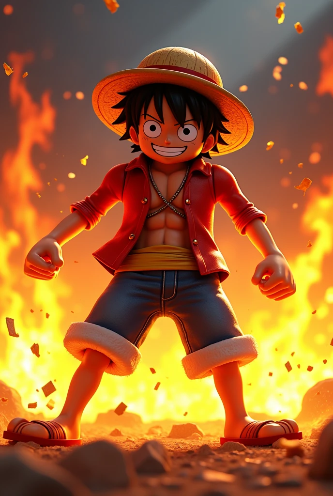 Luffy gear 5 roblox style, and background of fire