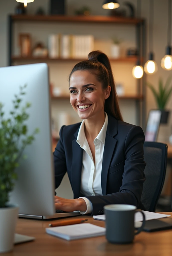 Woman in business style.Sits at the table on the computer drinking coffee.With a smile on the face, the emotion of joy.