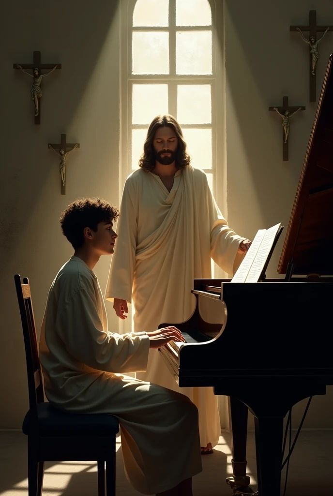 A teenage boy playing the piano and may Jesus be nearby listening to him 