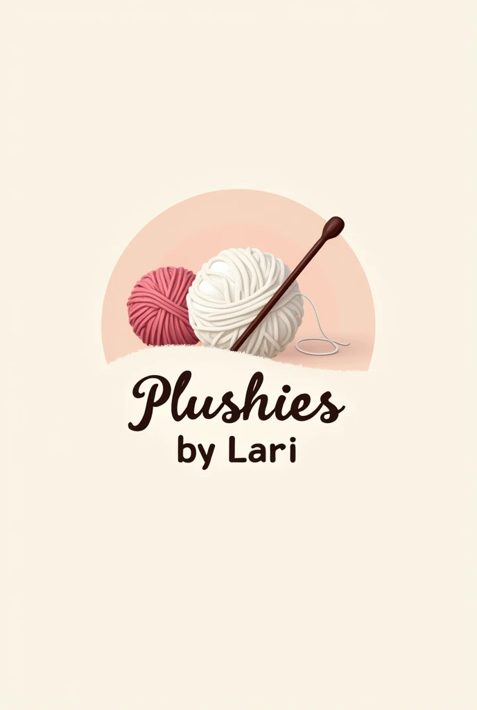 Create the logo of a brand called “plushies by Lari”. Only the colors pink, beige and white have. The font should look aesthetic. The background is simple but should include a beautiful knitting needle and wool. It is modern and should