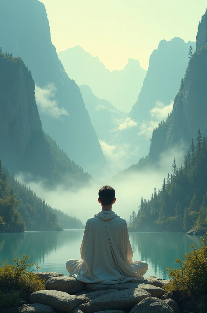 human soul sits in meditation pose and looks at magnificent endless nature.