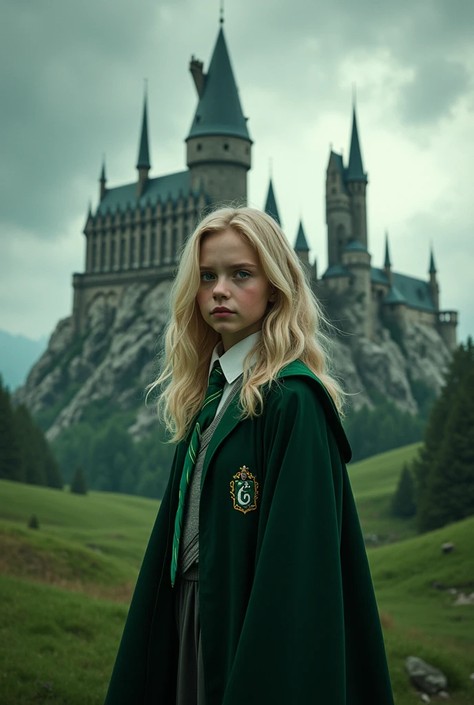 create an image of a blonde girl wearing a slytherin outfit. In front of Hogwarts castle