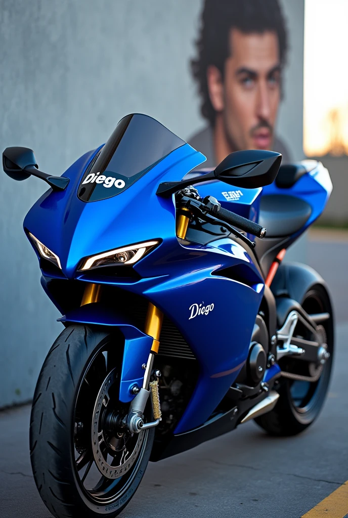 Blue sport bike with the name DIEGO with the background of a male person