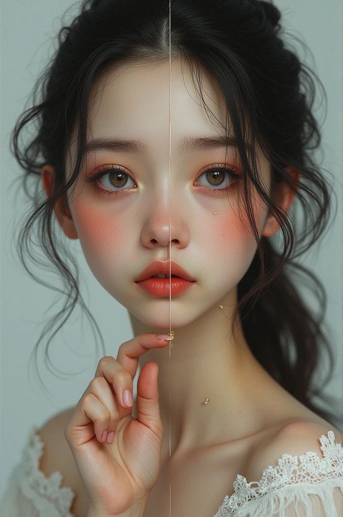 Create an image of a young woman divided into two halves. On the left side, the girl looks sad and distressed, holding a strand of fallen hair in her right hand with the other hand pressed to her body, clearly showing her concern. On the right side, the same girl appears happy and radiant, with fabulous and healthy hair. Make sure the two halves of the image blend smoothly and clearly show the contrast between the two emotional states and hair conditions.