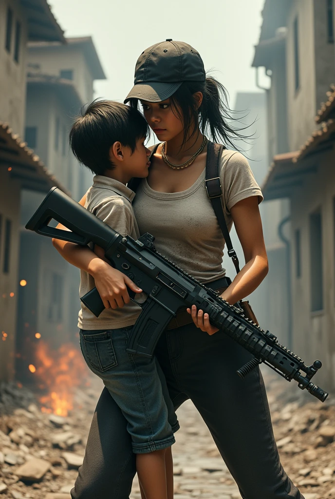 realistic image ZAU the Japanese woman gangster a black cap dirty white t-shirts And black pants holding high ripple gun save the young boy to 3d 3d WORDS "ZAU" texture broken stone font, with high action scene a sunlight abandoned house with street with fire smoke effects, with template character words anghel canas