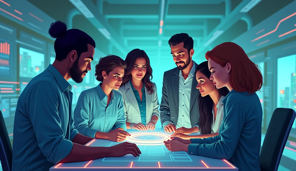 A detailed illustration of a diverse and inclusive team of men and women from various backgrounds, ethnicities, and specifically including people from Brazil, working together in a modern, high-tech environment. The team is connected by digital devices like tablets and laptops, symbolizing collaboration. Dynamic lines of light or energy in soft orange and blue tones flow between the team members, representing the exchange of ideas and innovation. The background is a futuristic setting with subtle elements like holograms, digital interfaces, and geometric patterns that suggest technology and progress. The overall style is clean, with vibrant colors such as blues, greens, and purples, creating a modern and energetic atmosphere. HUMAN COMUNICATIONS