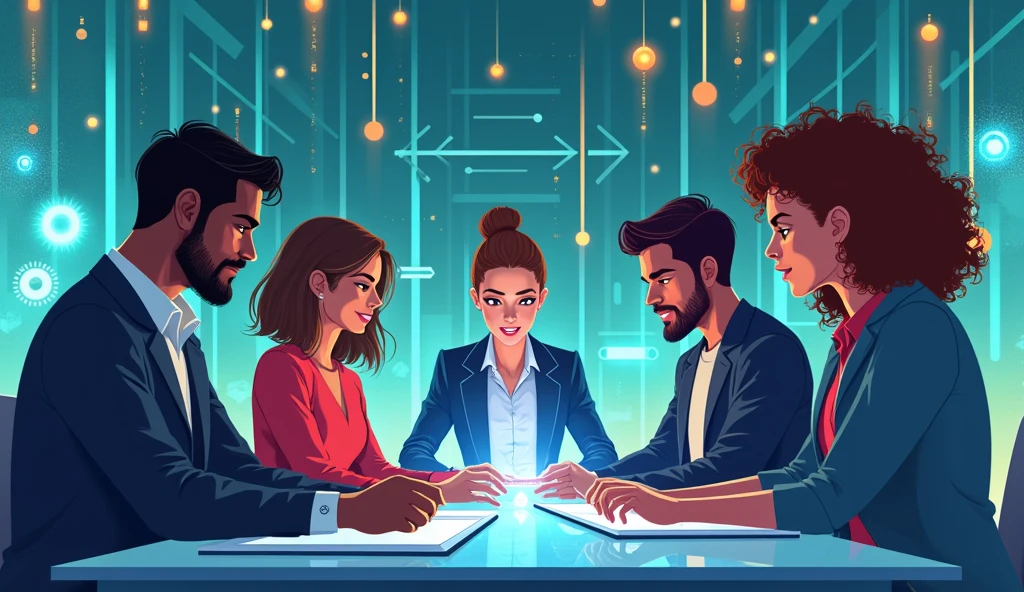 A detailed illustration of a diverse and inclusive team of men and women from various backgrounds, ethnicities, and specifically including people from Brazil, working together in a modern, high-tech environment. The team is connected by digital devices like tablets and laptops, symbolizing collaboration. Dynamic lines of light or energy in soft orange and blue tones flow between the team members, representing the exchange of ideas and innovation. The background is a futuristic setting with subtle elements like holograms, digital interfaces, and geometric patterns that suggest technology and progress. The overall style is clean, with vibrant colors such as blues, greens, and purples, creating a modern and energetic atmosphere. HUMAN COMUNICATIONS