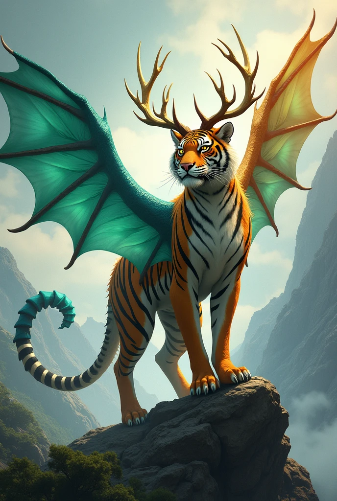 Tarsidra is a majestic and unique creature, a being that combines the characteristics of a tiger, a deer and a dragon. Her body, imposing and muscular, resembles that of a tiger, with a length that can reach up to 12 meters from head to tail. Their skin is covered with short, soft fur., that changes color depending on the element you are using: emerald green for the earth, sky blue for the air, and incandescent orange for the fire.
His face has the fierce features of a tiger., with bright golden eyes that seem to burn with ancient wisdom. On his forehead, A pair of deer antlers rise majestically, crowned with golden tips. These antlers are more than just decorations; They are conduits of elemental energy that channel their power. Their legs are long and robust., ending in sharp claws that can tear through rock and deftly handle the forest floor or mountain peaks.
Two large membranous wings sprout from its back., similar to those of a dragon, with a wingspan of more than 20 meters. The wings are translucent, reflecting flashes of light in shades of green, blue and gold, depending on how the light hits them. Its tail is long and agile., covered with scales that harden on contact, functioning as both a weapon and a stabilizer during flight.