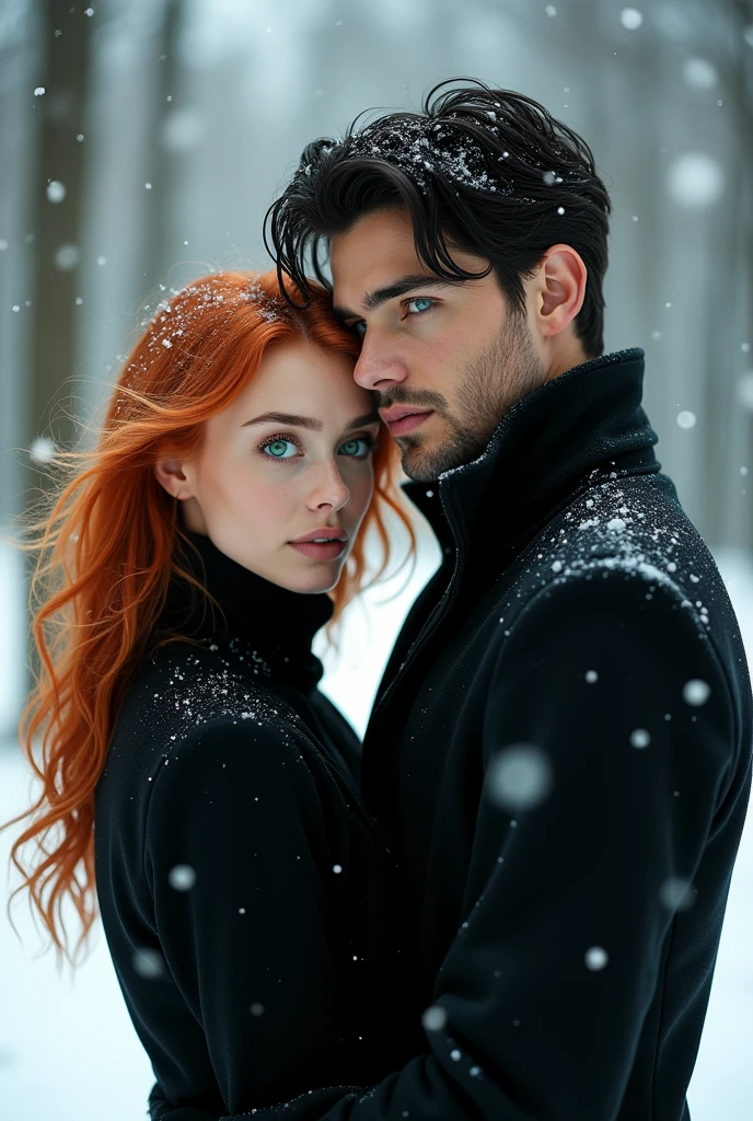 1 Sexy 23 year old woman with copper hair and emerald green mermaid eyes, with a black coat in the middle of the snow while snowflakes fall in her hair, At his side a sexy tall 2 masculine man with black hair and blue eyes while wearing a black coat. Looking forward 