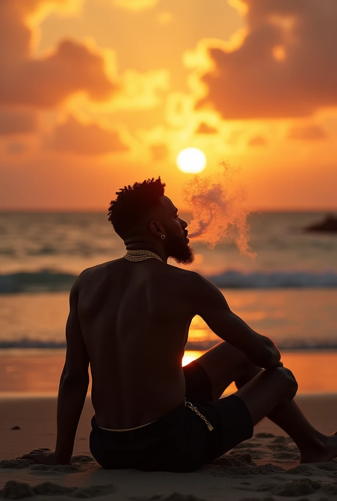 black man wearing gold smoking marijuana sitting looking at a sunset view on a beach showing the landscape and his entire body
