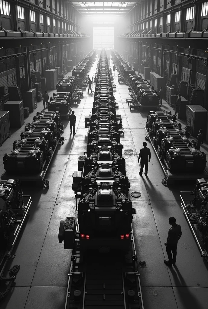 photo realistic horizontal position.
in black and white.
From a top-down image of an engine production line.