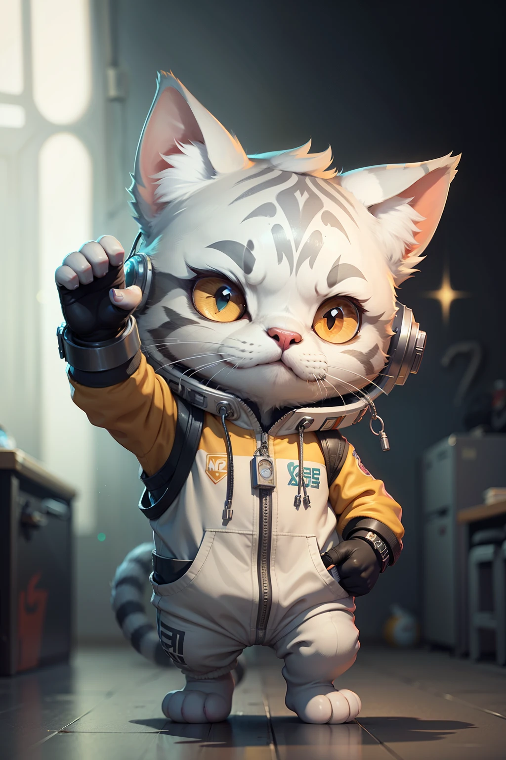C4tt4stic, Cartoon silver tabby cat, with the matrix as a backdrop, escape and free yourself, wearing a spacesuit, Written "Apartment Atalaia" holding an iphone 15 and with the right hand with the finger pointing up ultra realistic