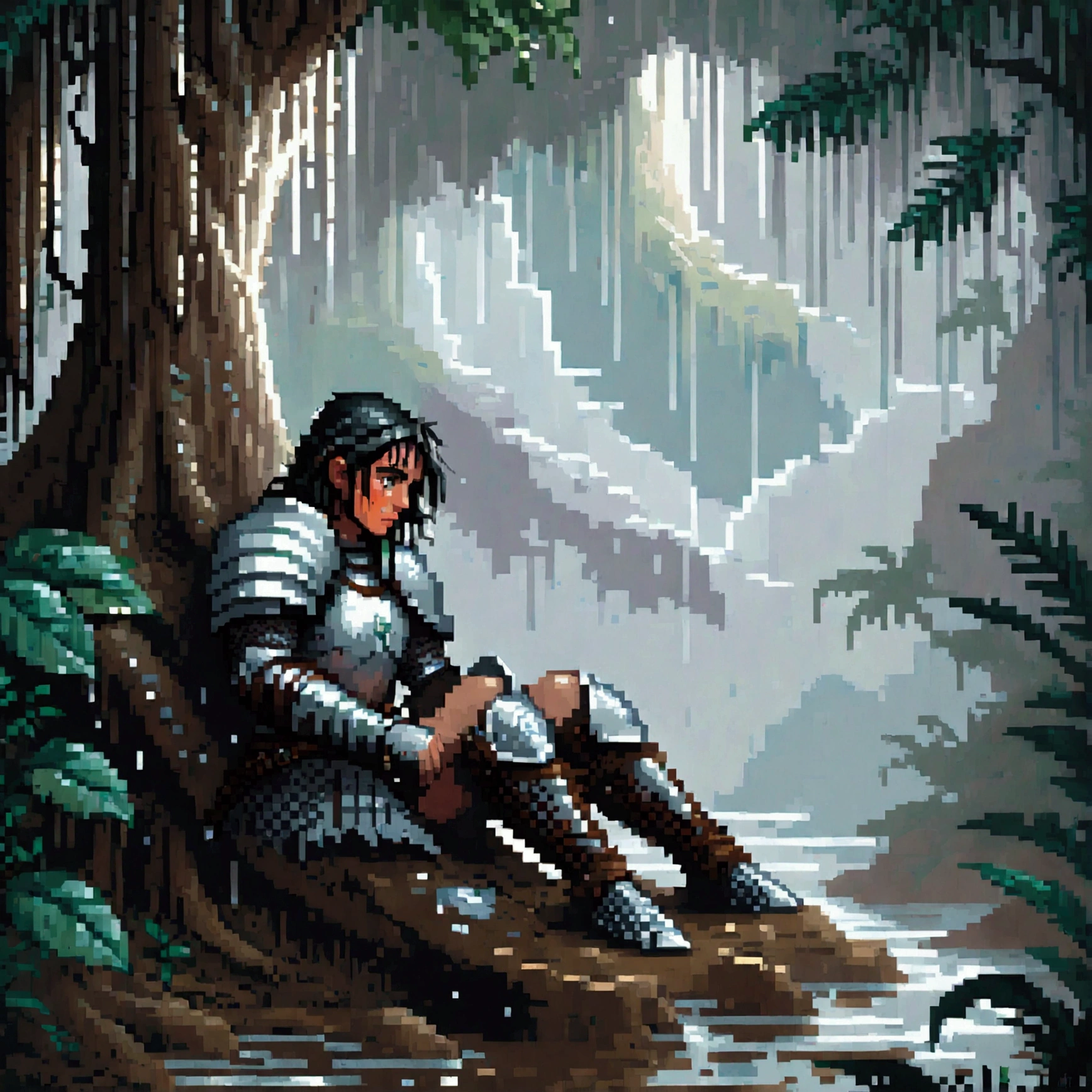 A pixel art scene depicting a medieval warrior woman wearing light armor, exhausted and in pain. She has dragged herself to a large tree in the middle of a dense jungle during a storm. She is reclining against the tree, her legs stretched out and appearing weak, as if they no longer respond due to the pain. The rain is pouring down heavily, and she appears deep in thought, waiting for the storm to pass. Mud covers parts of her armor, and the large tree provides some shelter from the relentless rain. The surrounding jungle is dark and ominous, with occasional flashes of lightning that reveal the dense foliage and the distant silhouette of towering mountains. The atmosphere is somber, with muted colors like deep greens, grays, and subtle blues, capturing the reflective and tense moment in a detailed pixel art style.