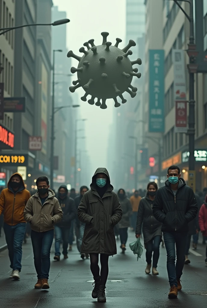 People walking down the street wearing masks and the coronavirus symbol above the image in a faded state 
