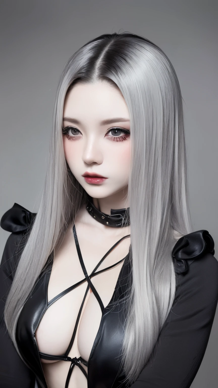 Perfect Anatomy、Highest quality、Masseter region、Very detailed、8k、Accurate depiction of the human body、Whole body angle、Delicately painted face、((Full nudity))、14talent、Woman with beautiful face、Gothic Fashion、Black Gothic Fashion、Black and white outfit、Beautiful silky silver hair:1.5、big red hair ornament、Red ribbon hair ornament、big red hair ornament、Are standing、Front Angle、Whole body angle、(((Blurred Background:1.5、Photo studio、Gray background:1.5、Gray background、Gray background、Gray background、Gray background、Cinema Lighting、Professional Photographer)))