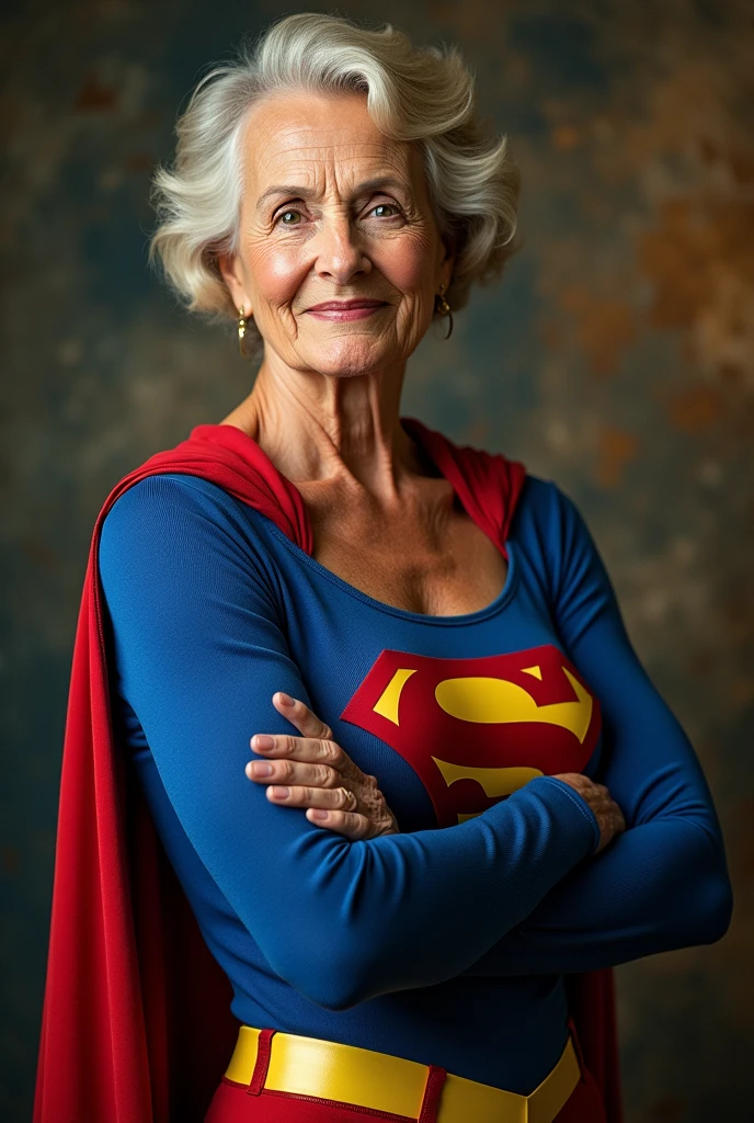 Julie Hagerty(((very beautiful old Supergirl (((1984s costume))); Julie Hagerty)))  Super old woman Julie Hagerty; confident, powerful, indestructible, attractive; big and firm chest; strong breasts; arms crossed. HD. Photograph, ((realism)), extremely high quality RAW photograph, ultra detailed photograph, sharp focus, high resolution, (detailed skin:1,3),high quality, film grain, Fujifilm XT3,Highly Detailed, movie, (Cinematic Photo:1.3) of (Realistic:1.3)