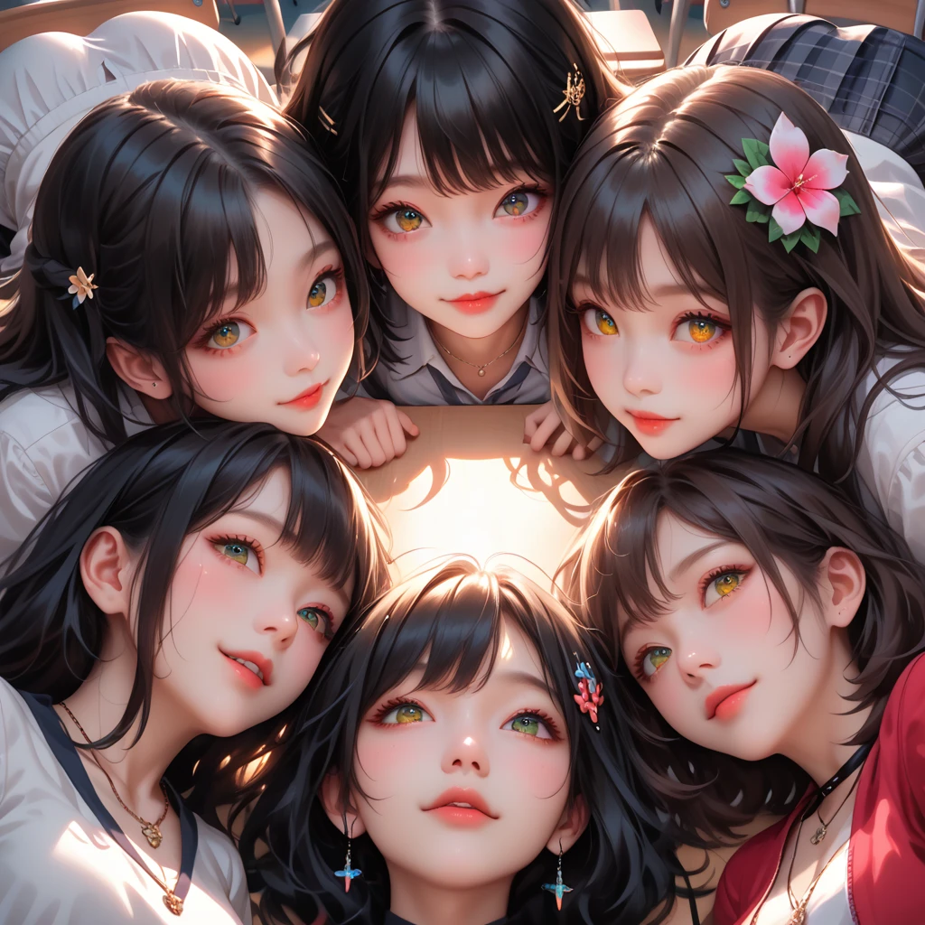 nsfw,score_9, score_8_up, score_7_up, high res image,masterpiece,best quality,girl,cute face,clear skin,shiny hair,ultra detailed eyes,flower hairpin,(6+girls:1.5),face close-up,cute,necklace,classroom,