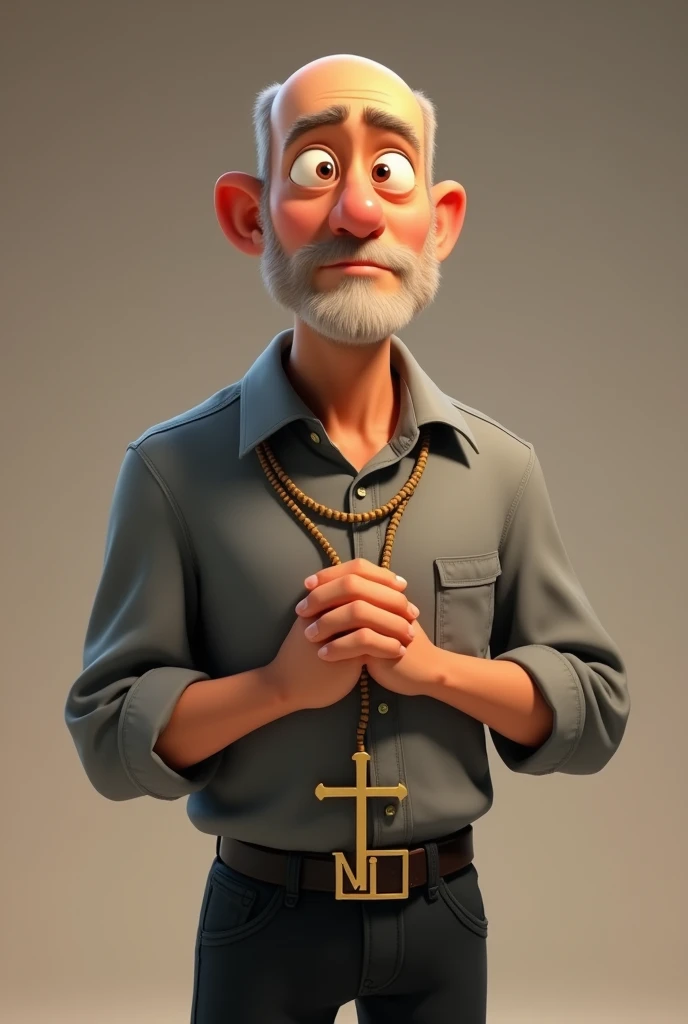 Make a man, Pixar-style. white male. 40 year old, bass guitar. with almost bald hair. , with a cross-shaped cord with an M in the middle. gray dress shirt. black pants. hands on top of each other.