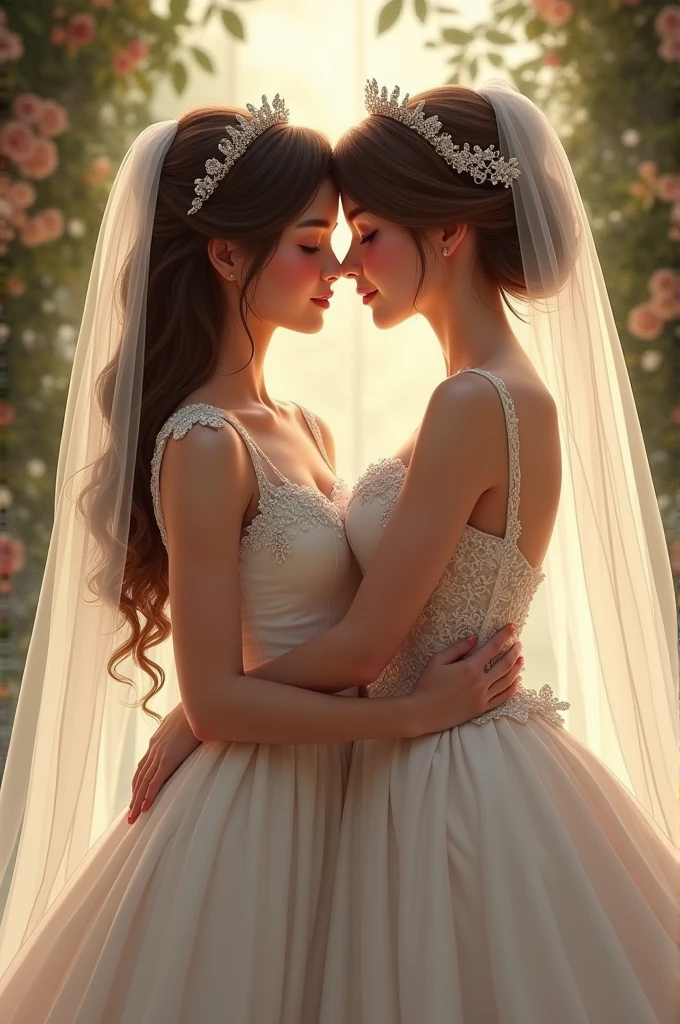 Brides, lesbians, slim, chubby girl, kiss