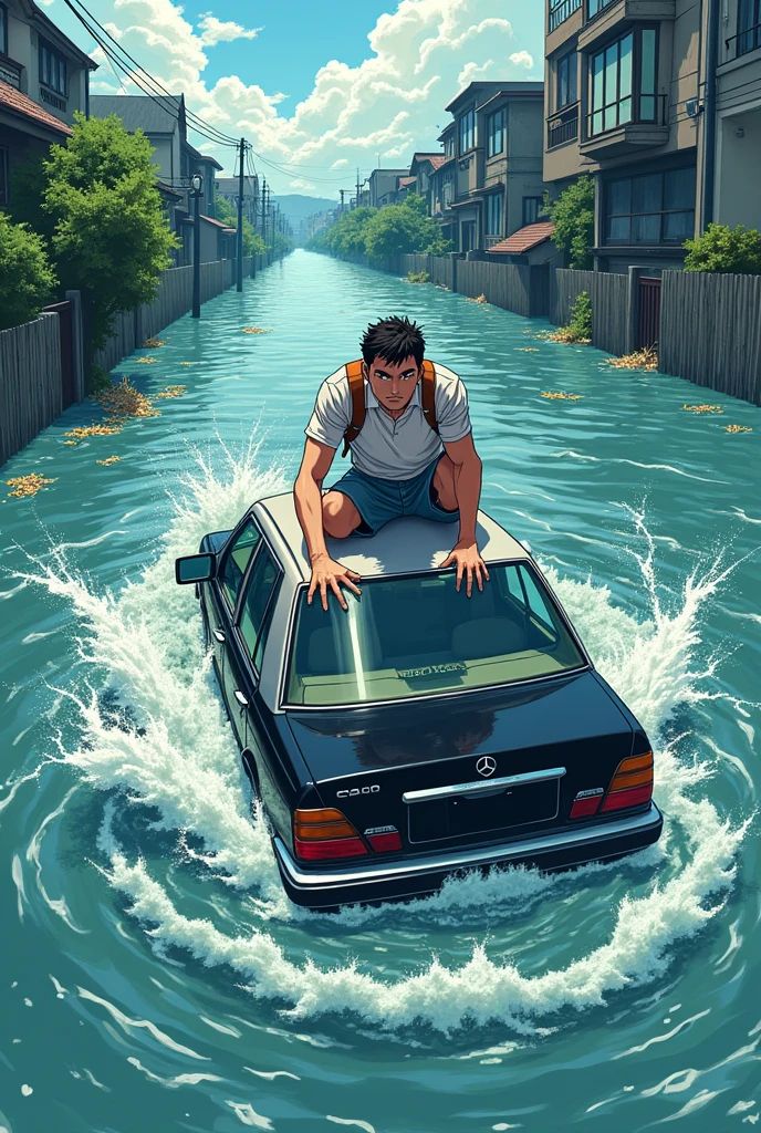 Drawing of a man on top of a car because of a flood, anime styling