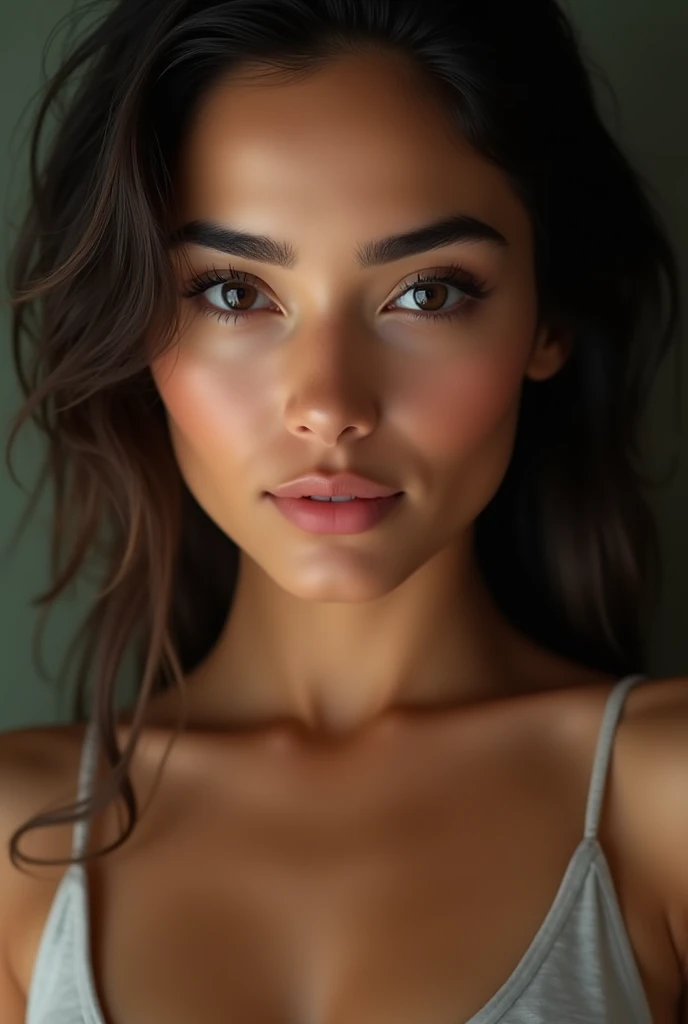 Create a very realistic image of a woman with dark eyebrows and a striking, striking look with Brazilian skin color and a face with Brazilian and Japanese features.