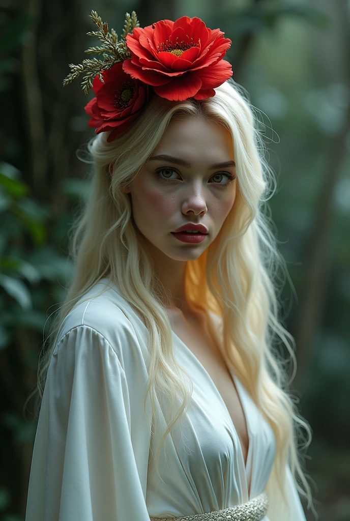 A blonde evil love witch, with a doll face, large eyes, slim and sexy body, white clothes and red flower headdress