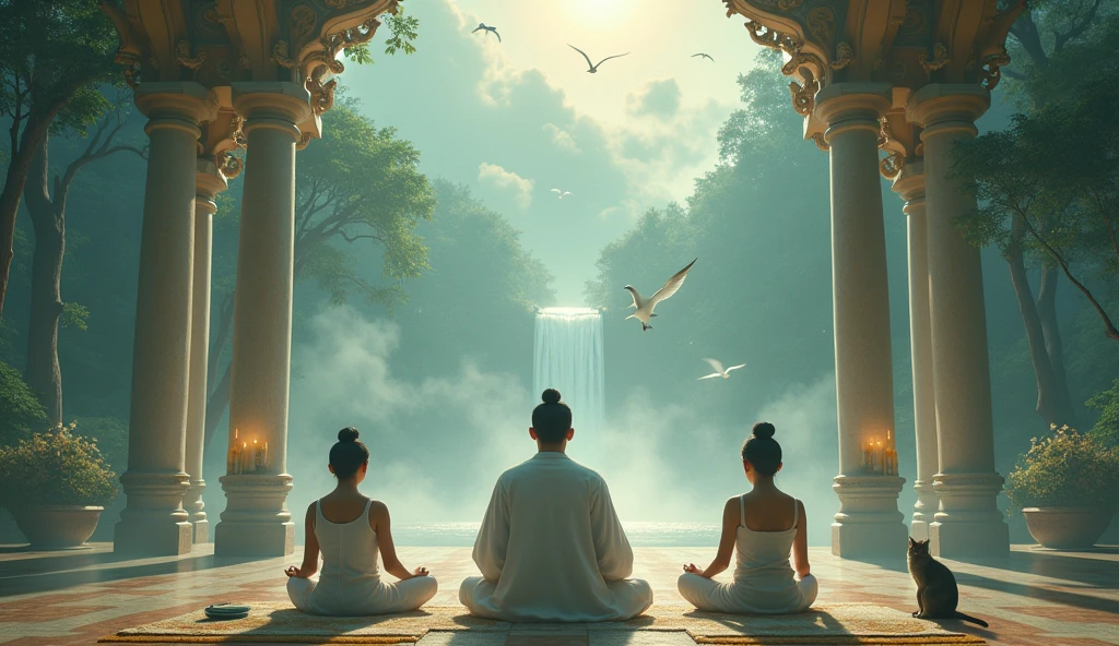 me realistic image of 3 asian meditating in an astral temple with forest and white birds flying and cat next to it and candles on the side with a waterfall in the background