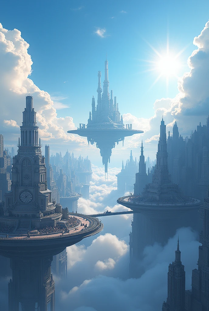 Visualize a ((captivating)) ((scene of a city ((falling and collapsing)) amidst the (clouds), with skyscrapers,A (((floating island))) suspended in the (sky), connected by bridges and platforms, offering a panoramic view of the city below, intricate details in the architecture of the buildings, which are painted in (white and black, with the (sun's rays) illuminating the scene, creating a soft glow at the edges of the buildings. The city's (dramatic juxtaposition) against the backdrop of the sky is accentuated by the (vast expanse of (clear blue) skies that stretch out to the horizon. The city's (dynamic growth and prosperity) is represented by the (numerous buildings, bridges, and platforms) that are in constant use, reflecting a mix of modernity and tradition. The point of view of the image is from the (bird's eye view) of the floating platform itself, looking up at the city's majestic sky and down at the bustling street and sky in a serene and awe-inspiring atmosphere.