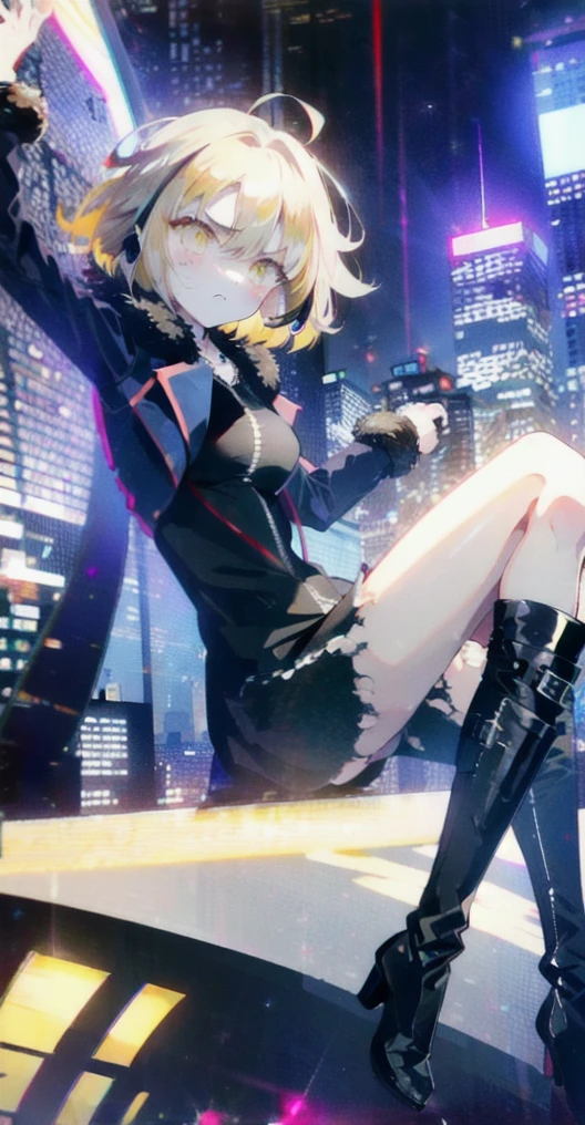 (masterpiece), (HDR), absurdres, (best quality), (ultra high quality), (hi-res), (((sitting))), head tilt, (1girl), solo, alone, mature, ModernCloth, Shinjuku, (yellow eyes), ((short hair)), beautiful detailed eyes, ((platinum blonde hair)), BREAK, dynamic poses, looking away from viewer, blush, city