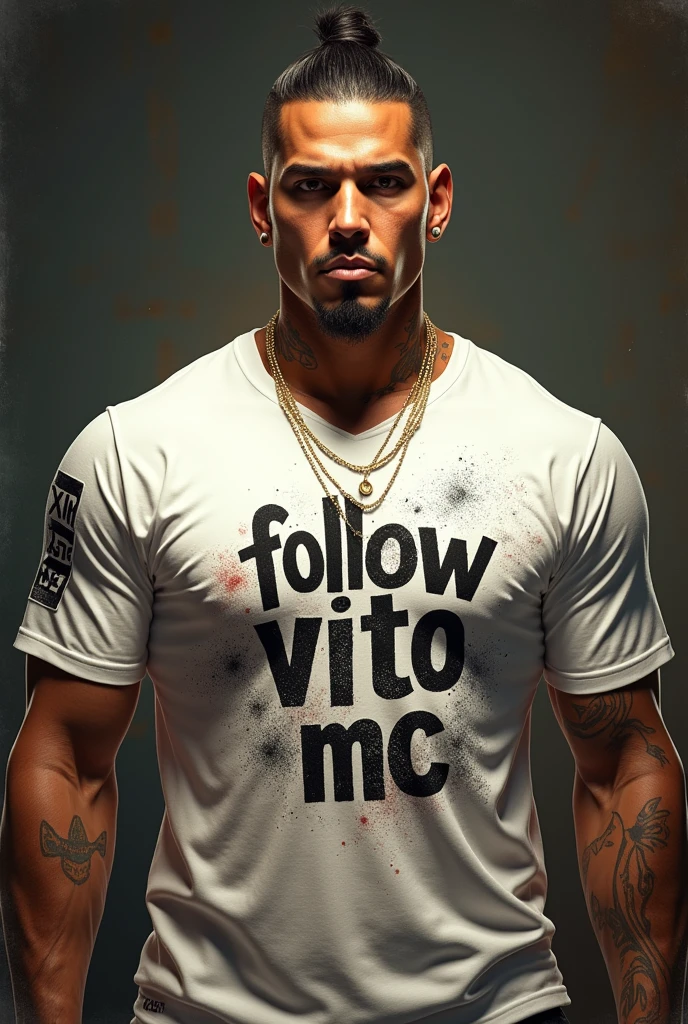 Real Daddy Yankee with a t-shirt that has letters and says Follow Vito Mc