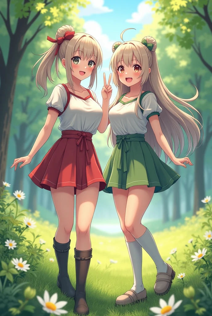 High resolution、Realistic、RAW Photos、Detailed Background、Beautiful in every detail、Highly detailed face、 anime girls、Perfect body line、Light color hair、Cute hairstyle、Cute Costumes、Knee socks、Knee-high boots、Attractive thick thighs、Huge breasts、(Two beautiful girls against a natural background:1.5)、A big smile、very beautiful