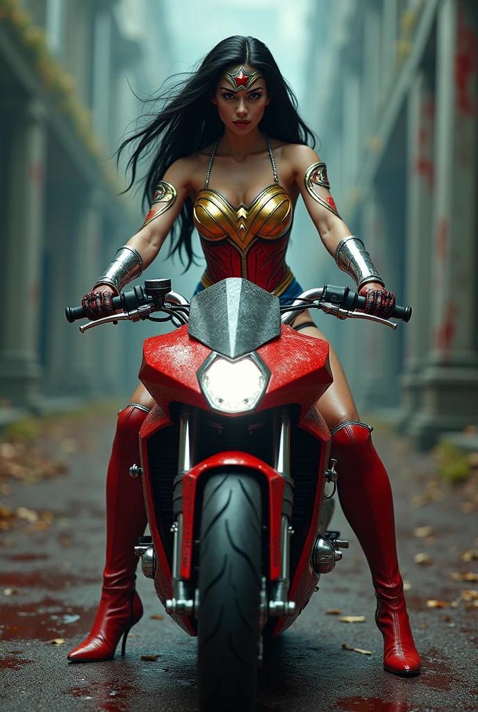 (((A beautiful woman riding a futuristic high-powered motorcycle (((Golden one-piece suit with scales that covers the entire body))),(((Red and blue Wonder Woman corset)))Long black hair Silver metal diaema with a red star on her forehead Long silver bracelets Long red boots up to her knees Blood around her (((cursed cemetery))),(((Bloody and terrifying images of a high-displacement red motorcycle with Wonder Woman logos))),(((Silver colored harness)))