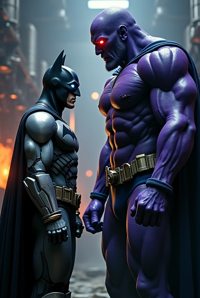 I want a Batman in profile with the large medieval-style silver robotic armor, with white luminous eyes. who is fighting against the giant villain Darkseid in profile who has a face like purple stone with wrinkles and no beard , bright red eyes and fire like two torches ,violet arms and a dark blue hood, On the torso a shiny dark blue suit without any symbol and large dark blue pants and boots and behind you can see a factory with fire ovens in a dark background . Darkseid is taller and bigger than Batman. 