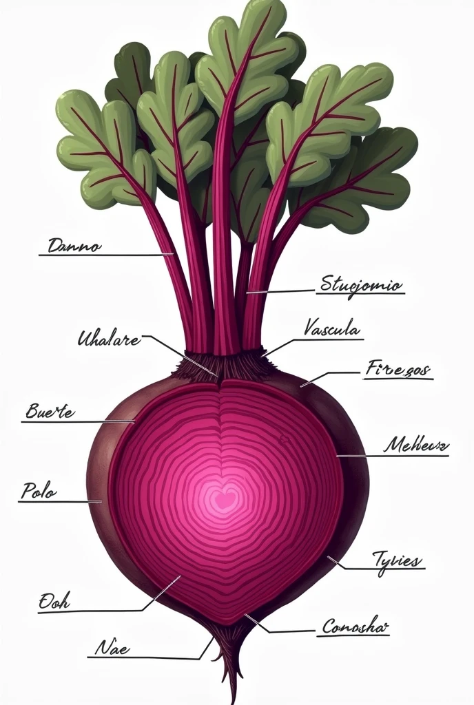Image of the internal structure of the beetroot naming its parts in Spanish