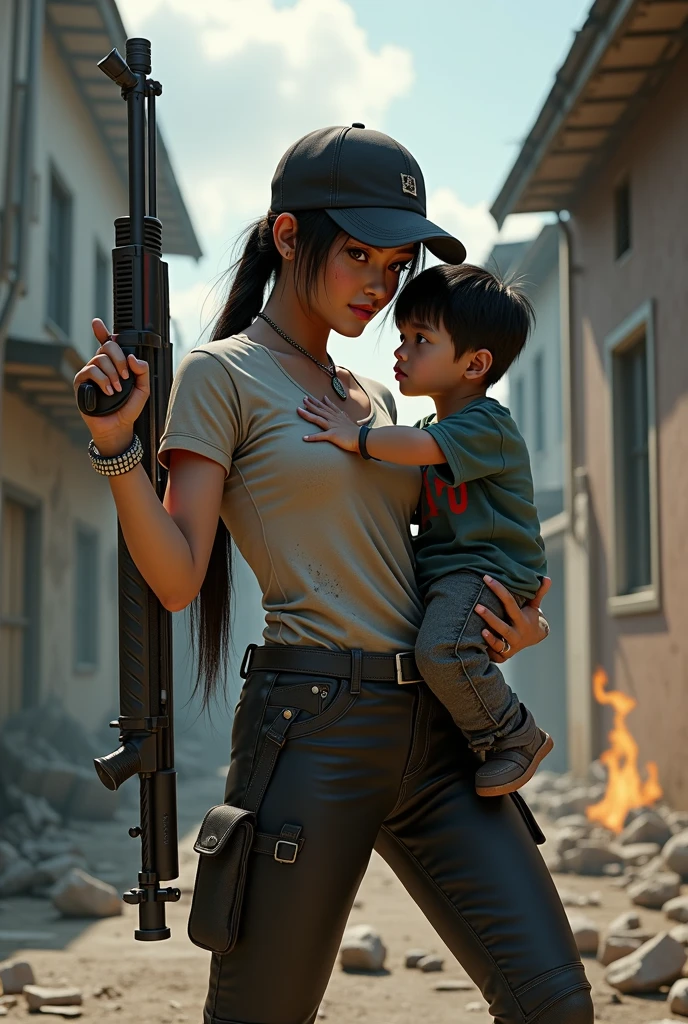 realistic image ZAU the Japanese woman gangster a black cap dirty white t-shirts And black pants holding high ripple gun save the young boy to 3d 3d WORDS "ZAU" texture broken stone font, with high action scene a sunlight abandoned house with street with fire smoke effects, with template character words anghel canas