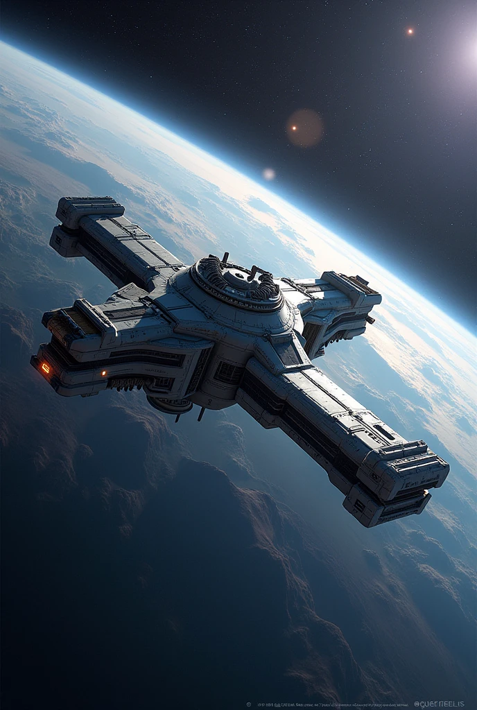 A creation depicting a space station orbiting a planet in the vacuum of space