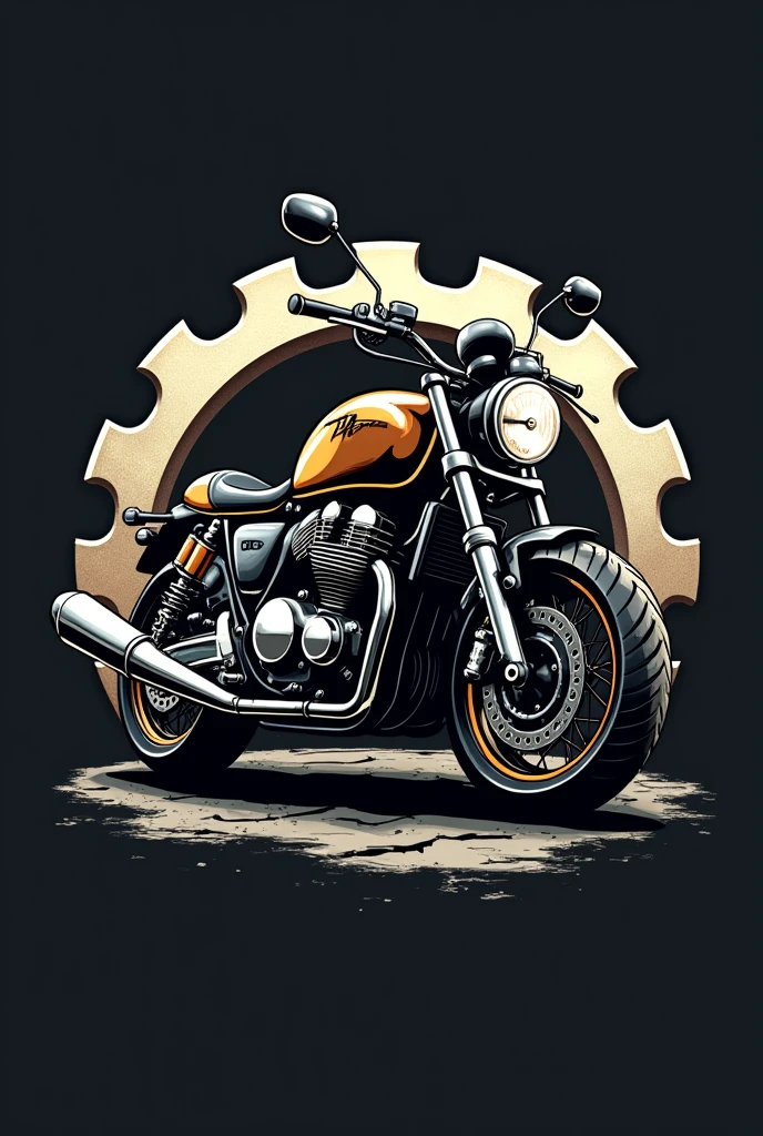 Create a logo with a streetfighter motorcycle and a sprocket as a background
