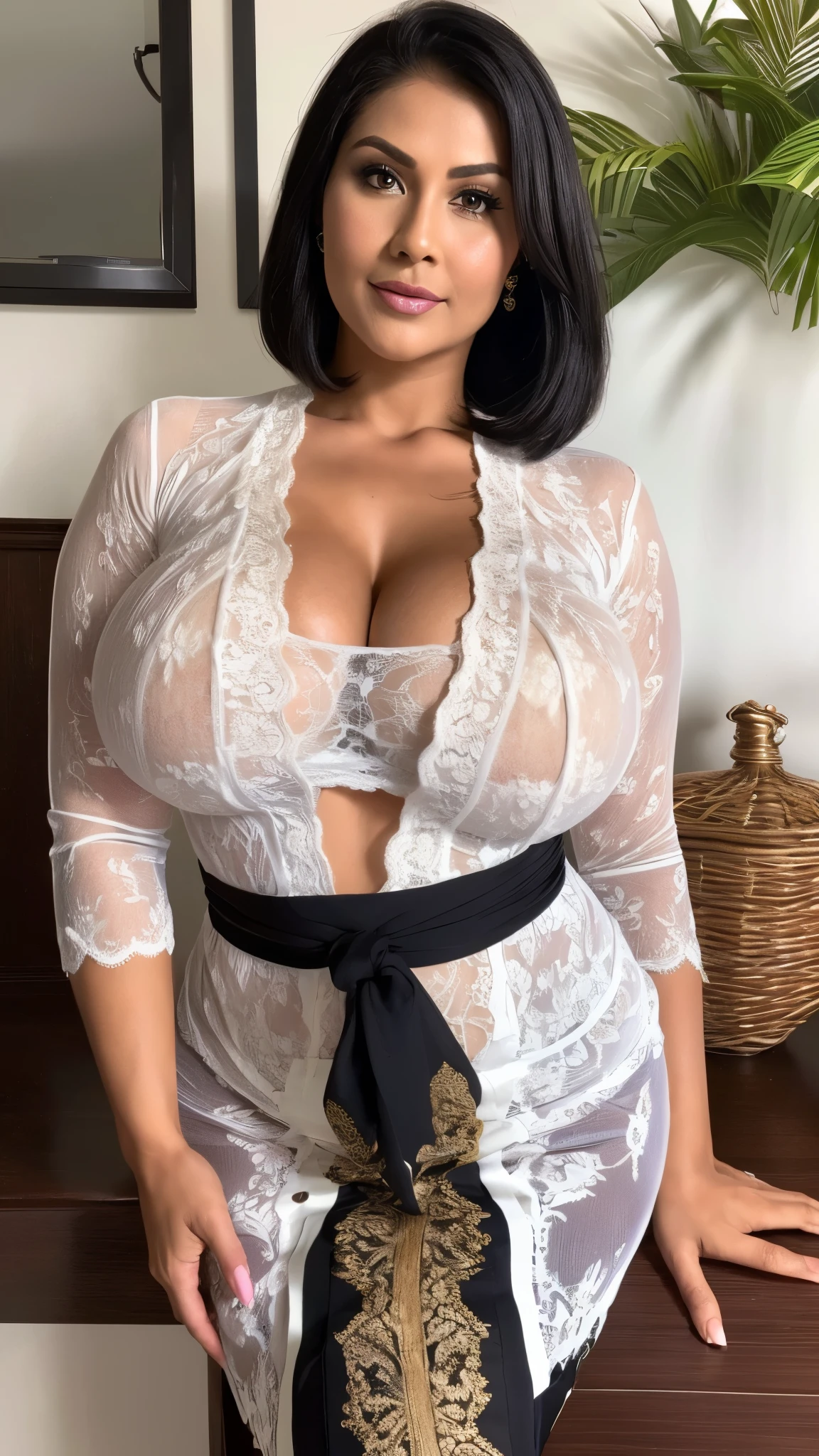 ((1girls)),Tankop,upper body,Best Quality, 8k, 32k, Masterpiece, UHD:1.3), Photo of Attractive milf Woman, black hair,short hair, 1 Girl, (gigantic Boobs:1.4), Abs, Perfect Body, Ultra Detailed Face, Detailed Lips, Ultra Detailed Hair, Fine Eyes, double eyelids,((white kebaya)) (REALISTIC) (elegant milf) (Big Mature : 3 Curvy body) ((goddess face)) ,(((white kebaya))),huge breasts,(trasnparent),black hair,black skirt, face,milf,(covering the cleavage:1.2)