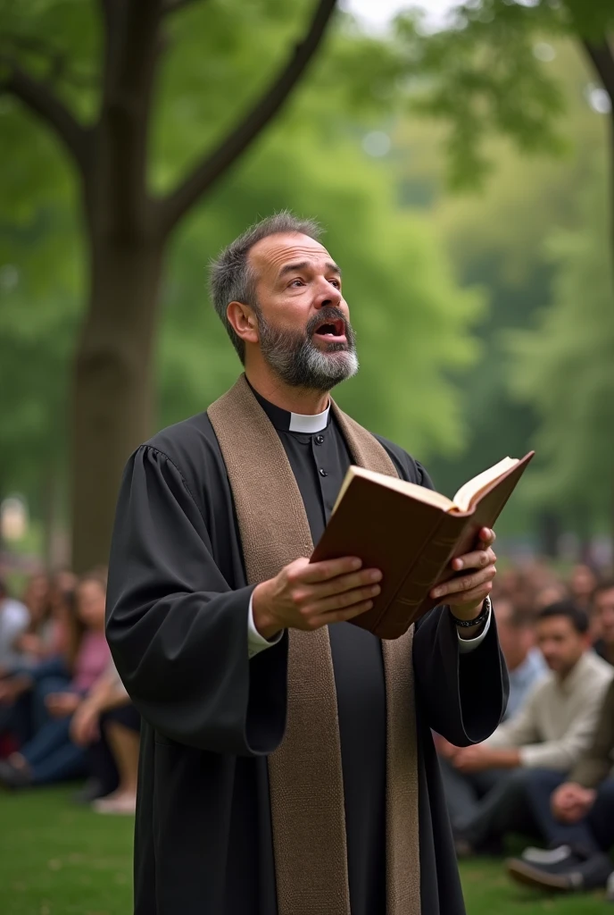(photorealism:1.2), (8k) A man with a Bible in his hand preaching in a park