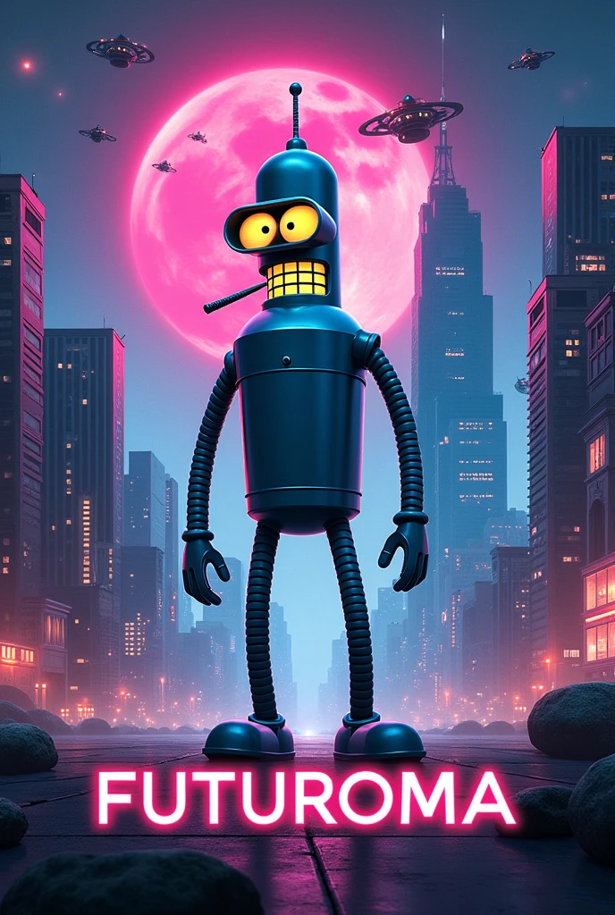 Create a bender poster with the futuroma logo as if it were from a movie with the title futuroma