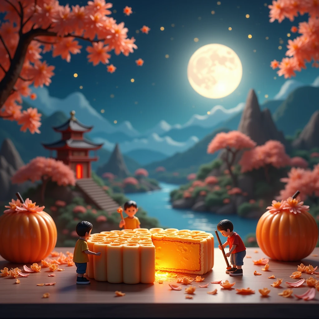 A captivating night scene in 3D art style, showcasing a tranquil Mid-Autumn Festival. The scene is filled with miniature mooncakes, tiny figures sawing and transporting mooncakes under an osmanthus tree. A half mooncake with molten filling sits on the desktop, with osmanthus petals scattered around. The moon hangs in the sky, illuminating colorful mountains, winding rivers, small boats, and little houses in a Chinese landscape painting style. A small pavilion sits on a mountain, with natural light from the silver moon gently illuminating the surroundings. The sky unfolds like velvet soaked in ink, dotted with countless twinkling stars resembling celestial gems. The environment is bathed in the soft glow of the stars and the moon, creating a dreamy, surreal atmosphere. The art is rendered with vibrant colors, high contrast, and a dopamine color scheme, evoking a Y2K style with a three-dimensional ancient Eastern poetic painting theme.