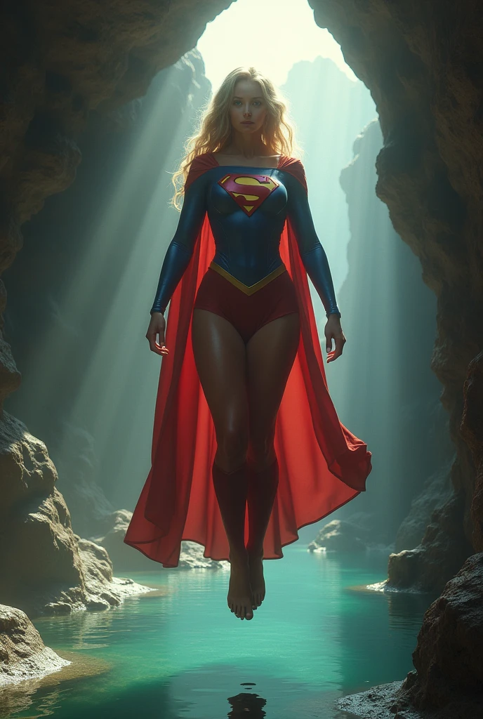 ancient cave; Jean Smart 2024( big fat woman; powerful; trusting; higher) 2007 (((Woman defined body with big breasts, strong and firm; Supergirl 1984s fancy dress))) as Supergirl(((Jean Smart's 1984s Supergirl Movie))); floating in mid - air.